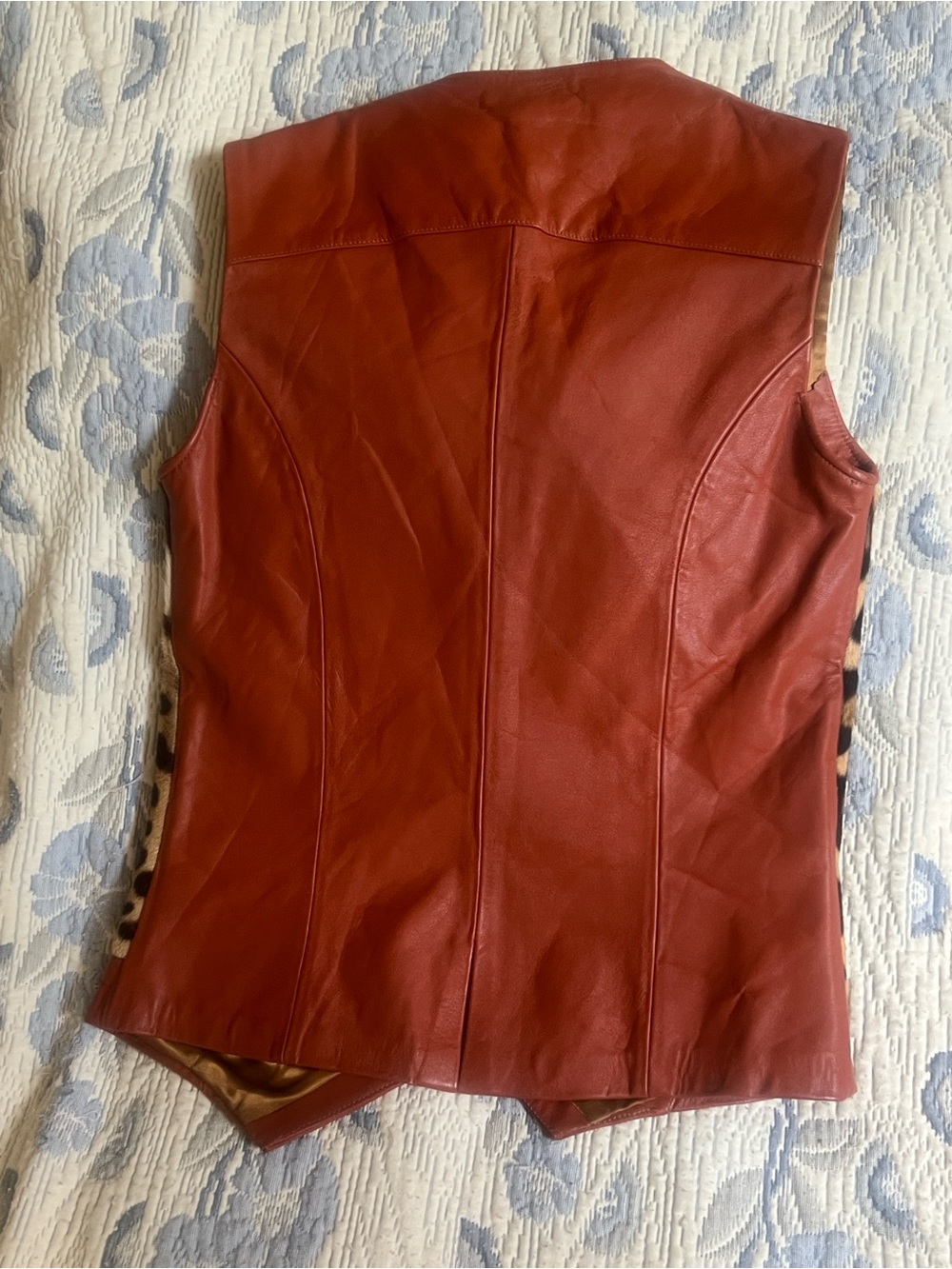 Leather-Trim Leopard Print Fur Vest - Brown/Black/Burnt Orange - Picture 6 of 9